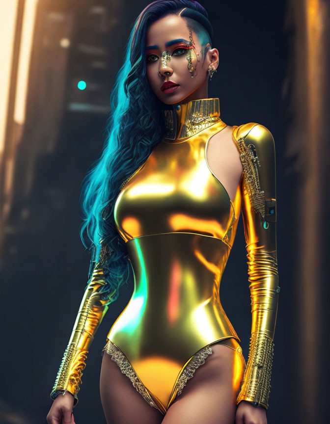 Blue-haired woman in gold bodysuit with arm sleeves poses on dimly lit street