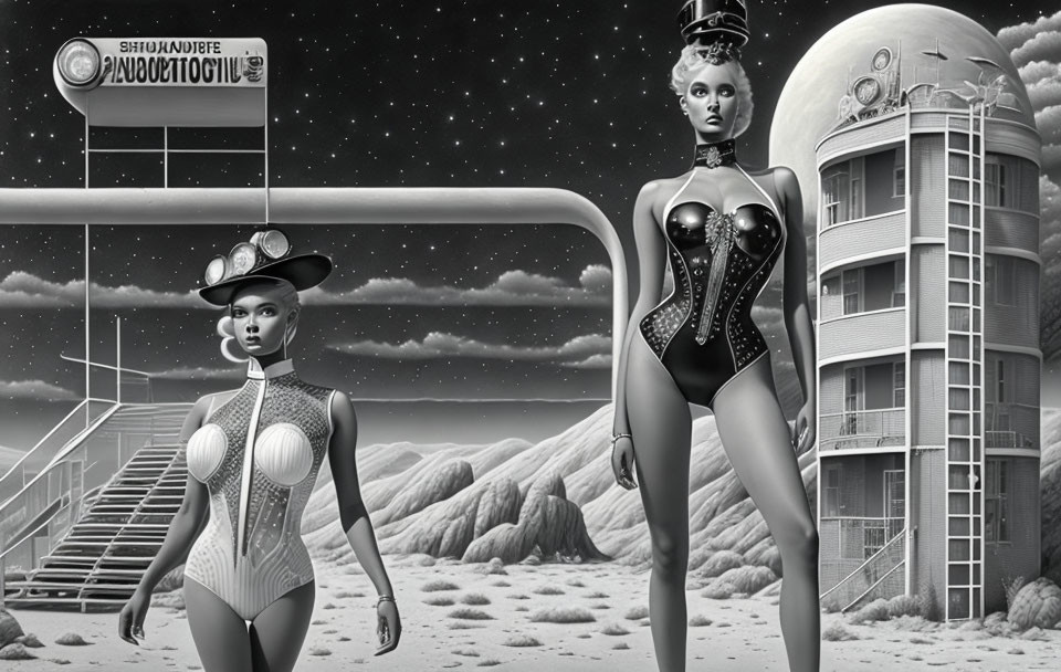 Futuristic female androids in sci-fi attire at spaceport