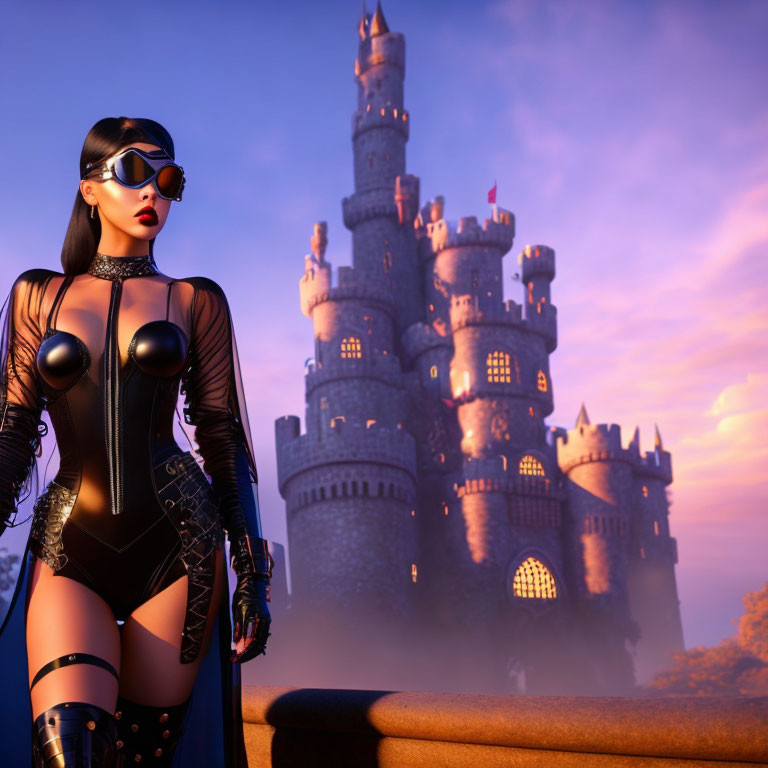 Stylized woman in futuristic outfit at grand castle during twilight