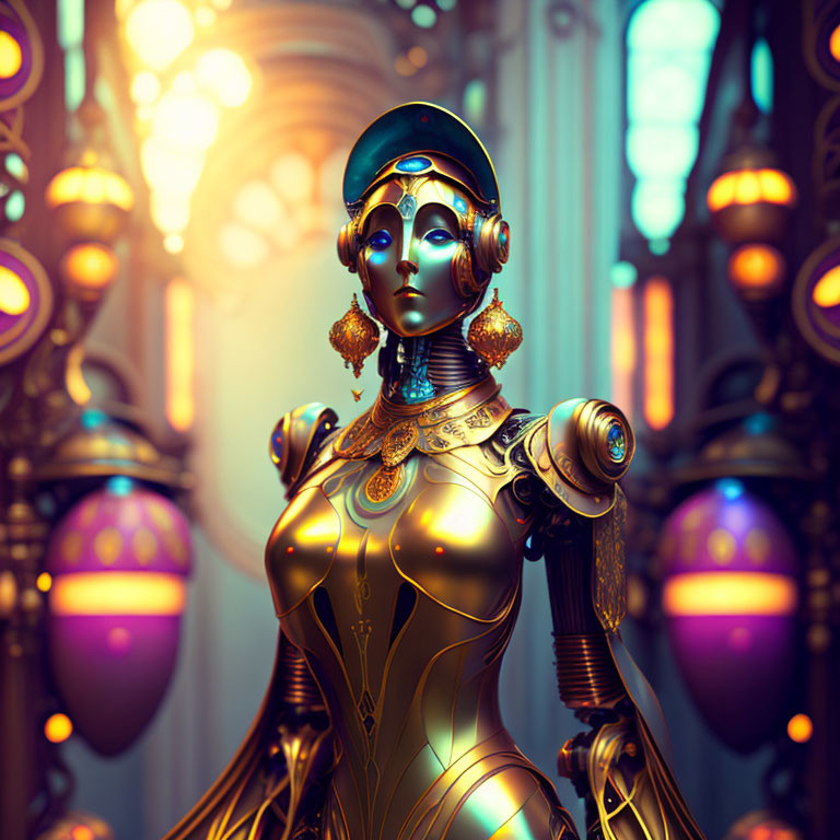 Golden humanoid robot in royal attire in futuristic hall
