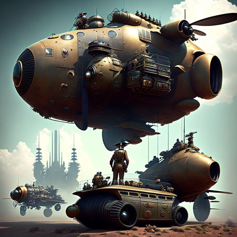 Steampunk-style airship over tank-like vehicle with people in heavy gear at dusk