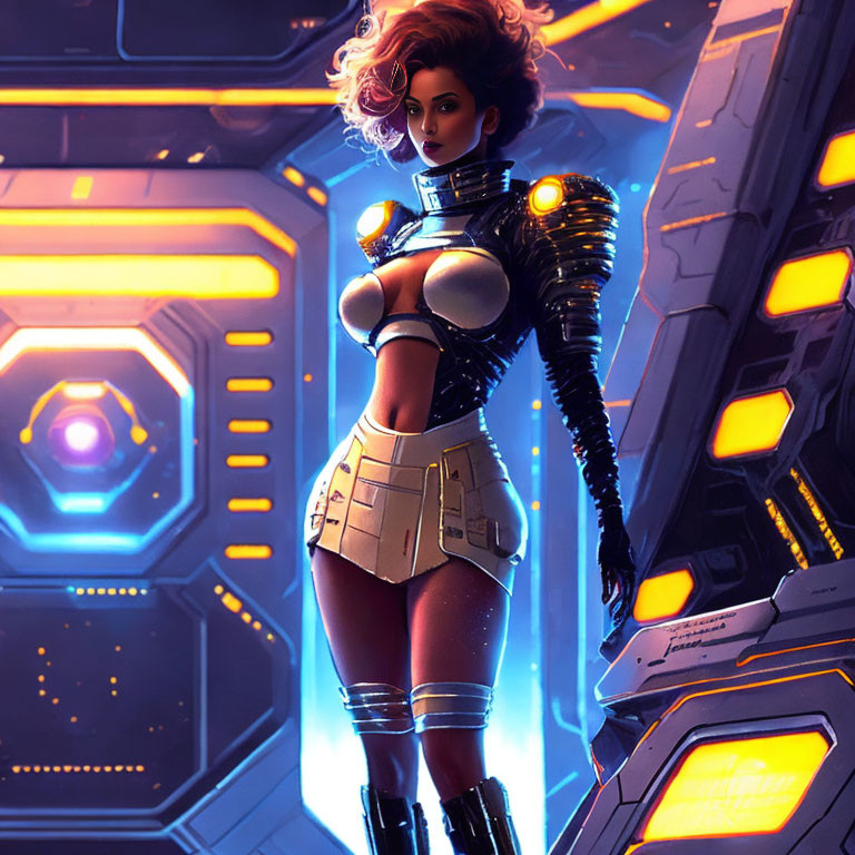 Futuristic female cyberpunk character in neon-lit environment