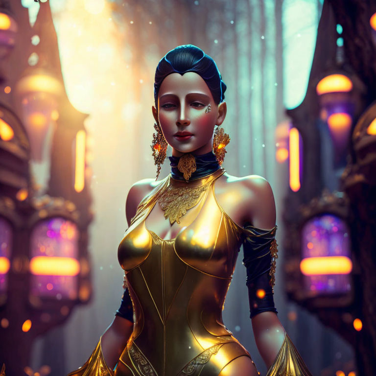 Elegant gold outfit and glowing aura in futuristic neon-lit scene