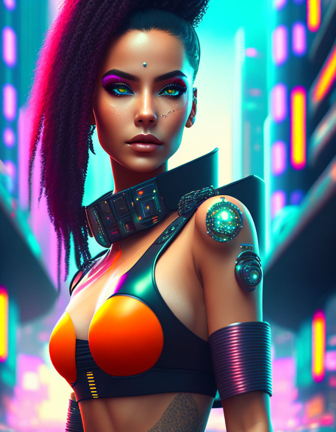 Futuristic woman with vibrant makeup and cybernetic enhancements in neon-lit city