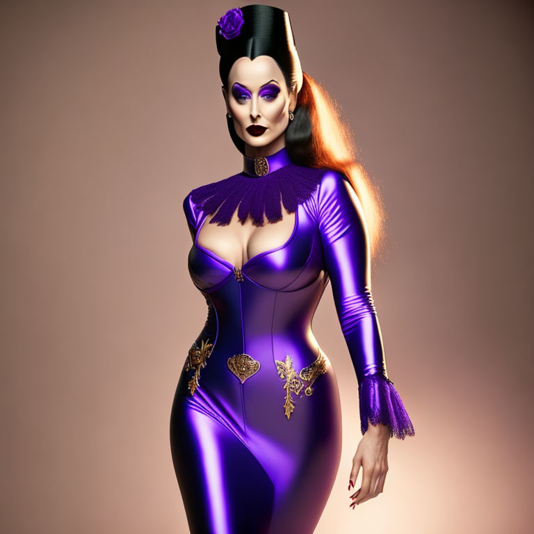 Exaggerated features on stylized character in purple bodysuit