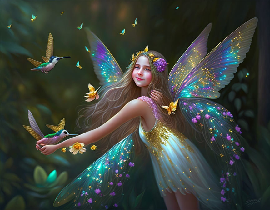 Young fairy with iridescent wings, butterflies, and hummingbird in enchanted forest