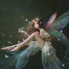 Young fairy with iridescent wings, butterflies, and hummingbird in enchanted forest