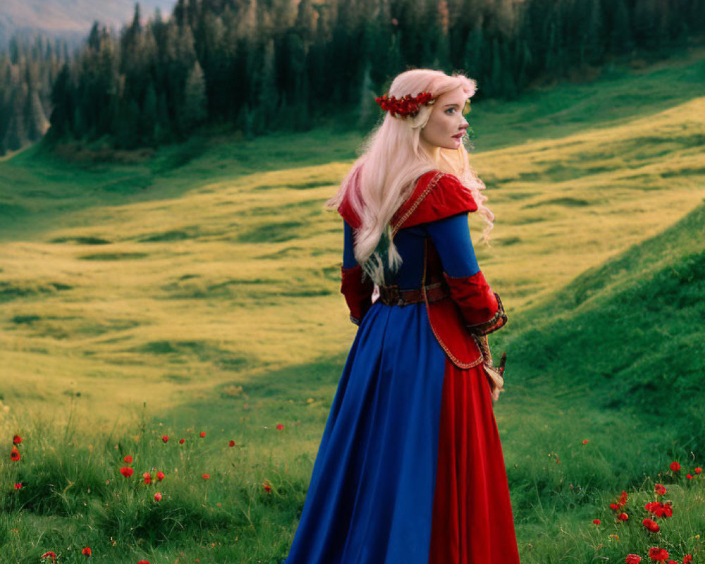 Medieval woman in dress in flowered field with castle at sunset