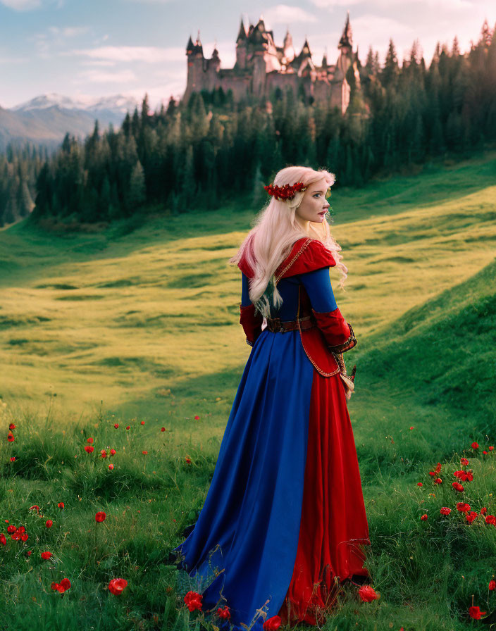 Medieval woman in dress in flowered field with castle at sunset