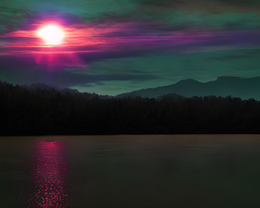 Tranquil lake at sunset with mountain silhouettes