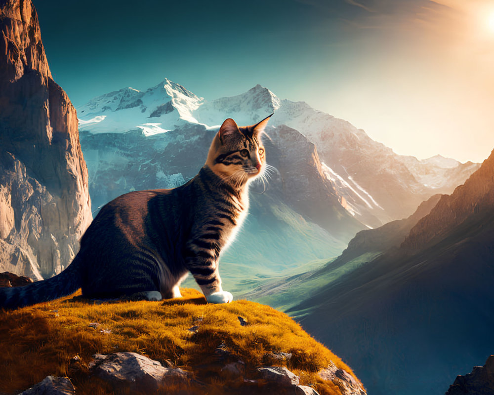 Tabby Cat Sitting on Grass Ledge with Snow-Capped Mountains in Background