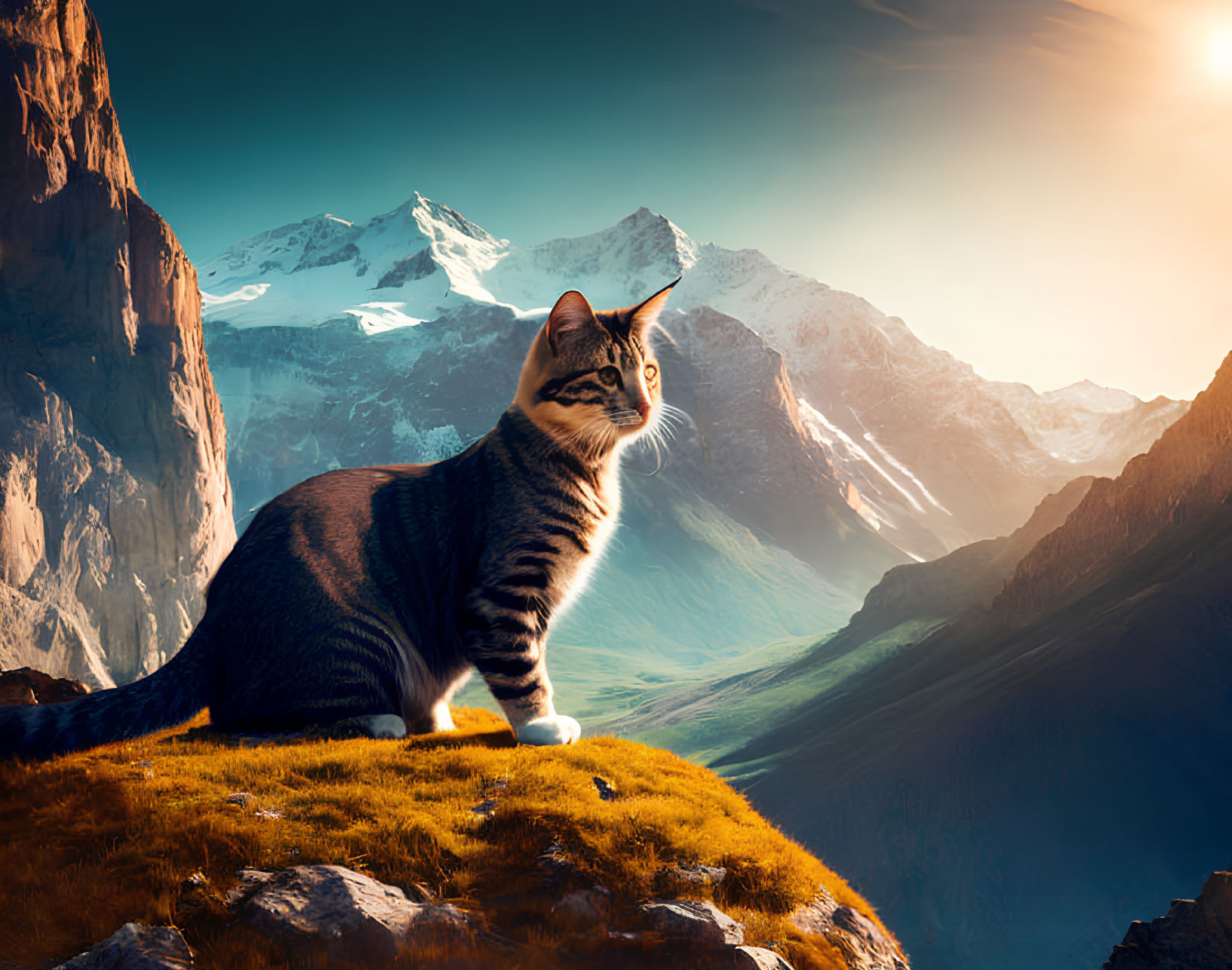 Tabby Cat Sitting on Grass Ledge with Snow-Capped Mountains in Background