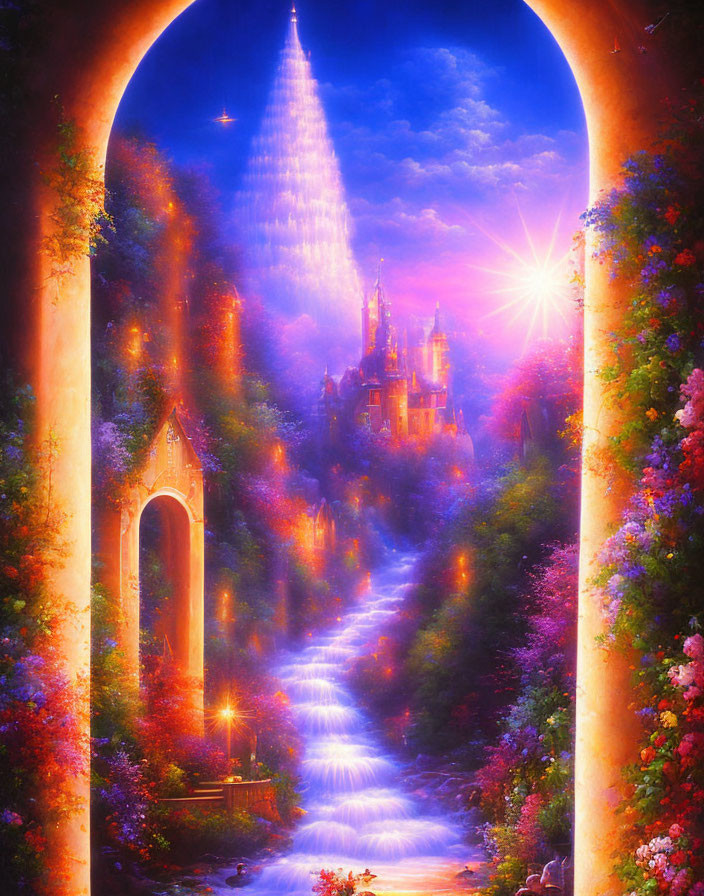 Enchanted castle in lush fantasy landscape at twilight