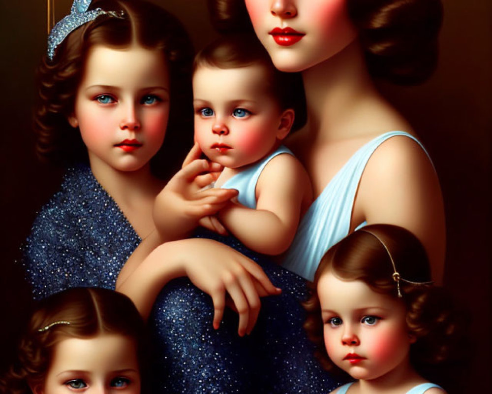 Stylized painting of a woman with retro hairstyle holding a baby and surrounded by children in blue dresses