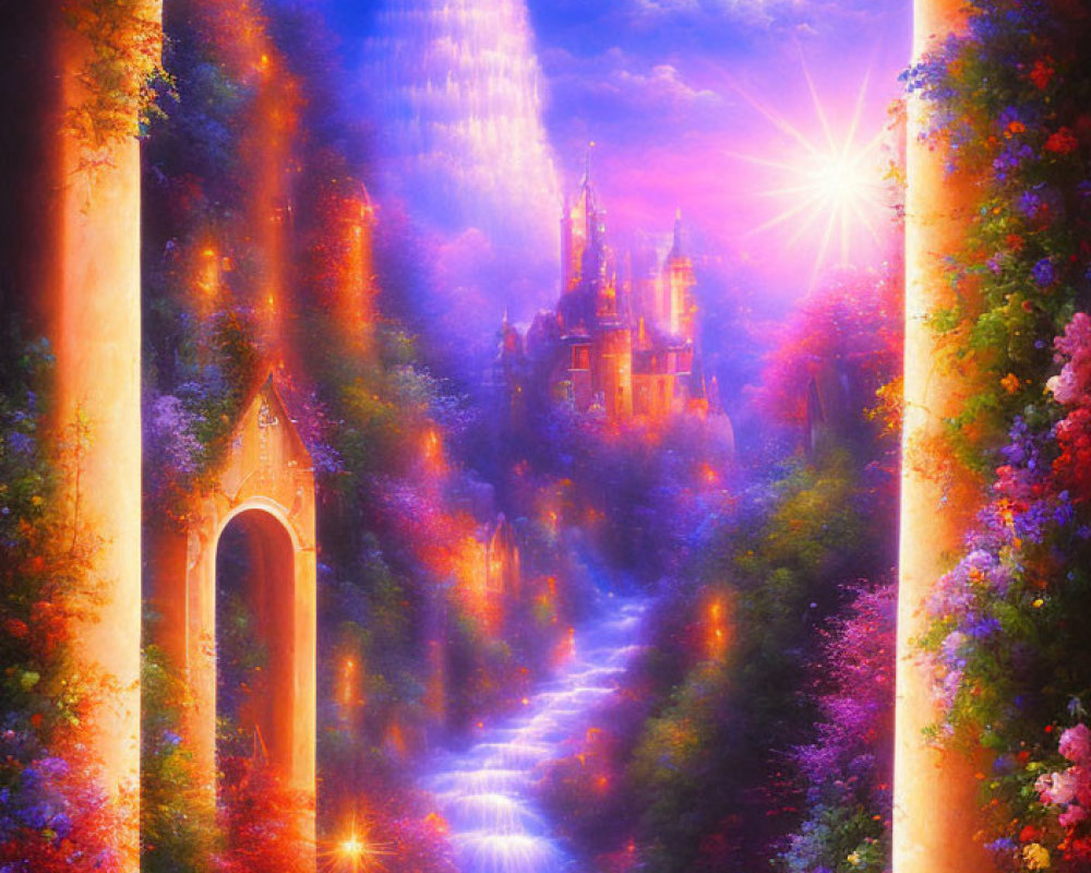 Enchanted castle in lush fantasy landscape at twilight