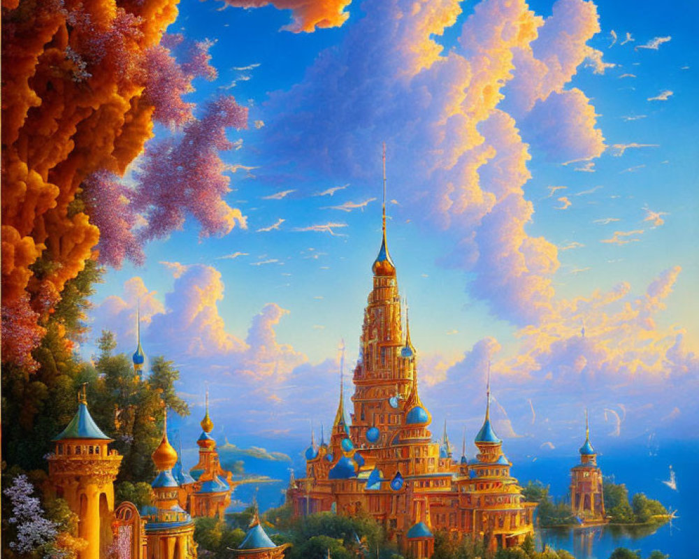 Vibrant painting of ornate castle on lush island under dramatic sky