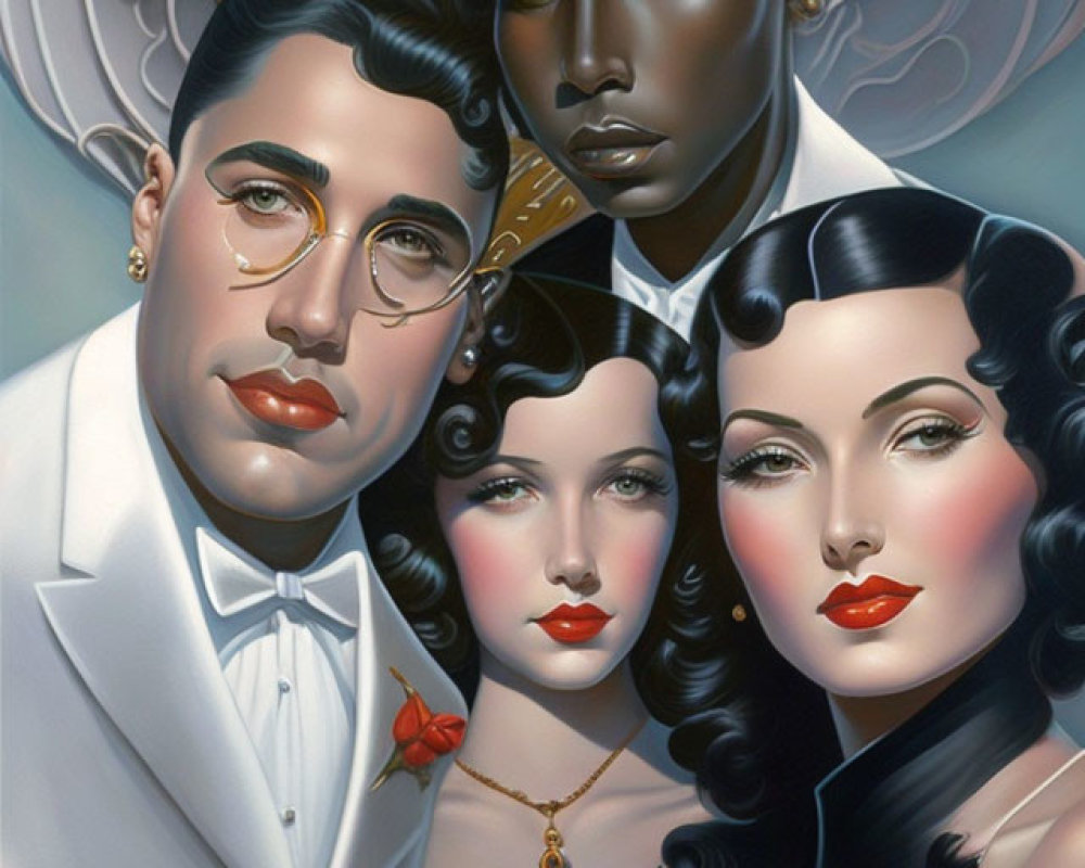 Stylized painting featuring three people in vintage fashion and gold leaves