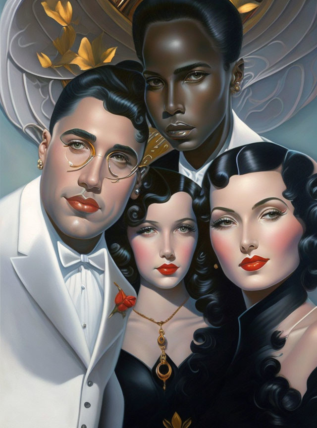 Stylized painting featuring three people in vintage fashion and gold leaves