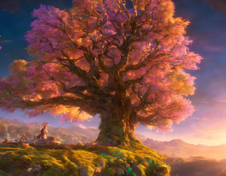 Majestic large tree with vibrant pink foliage under warm sunset sky