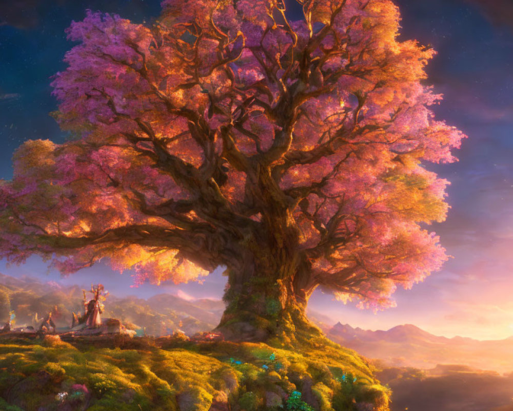 Majestic large tree with vibrant pink foliage under warm sunset sky