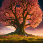 Majestic large tree with vibrant pink foliage under warm sunset sky