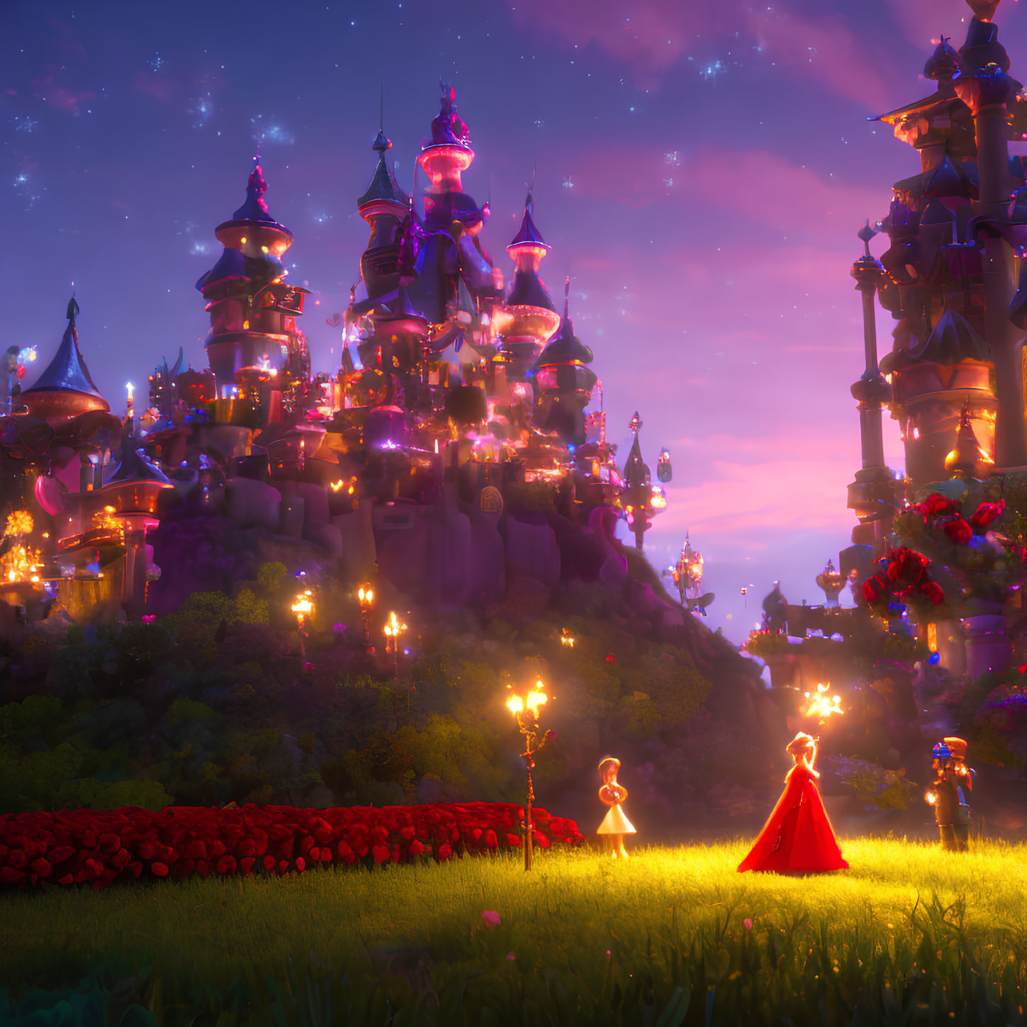 Enchanting night scene with fairy-tale castle, characters, and starlit sky