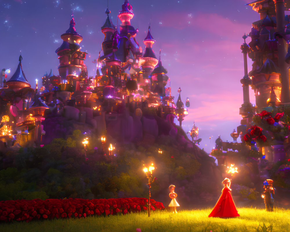 Enchanting night scene with fairy-tale castle, characters, and starlit sky