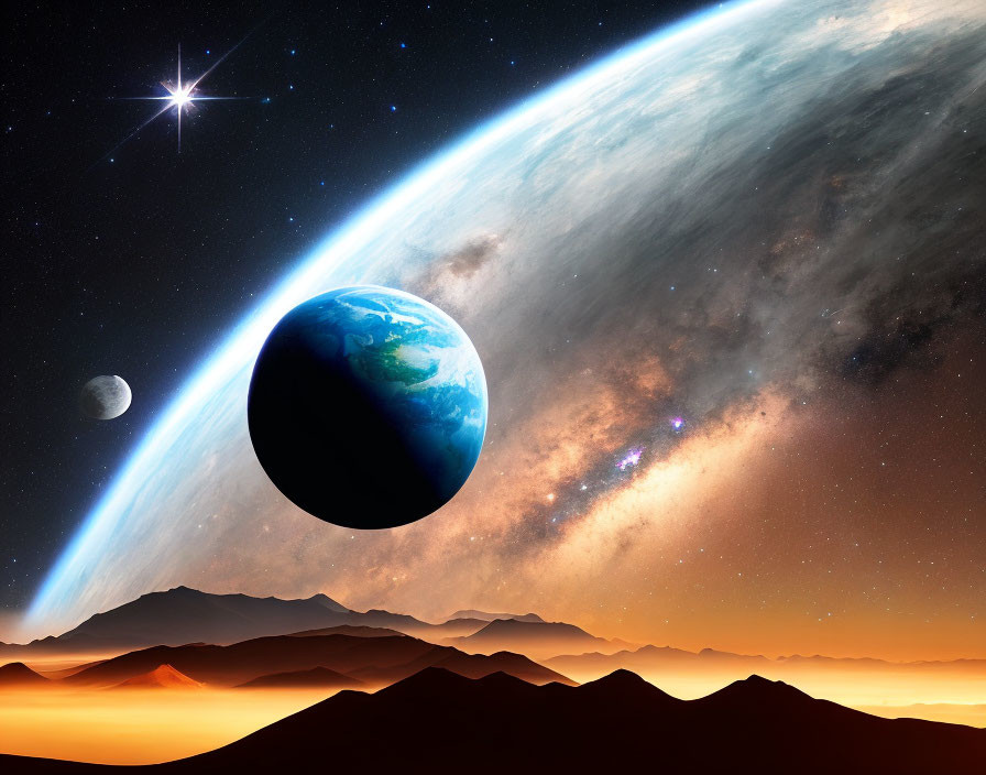 Alien landscape with Earth, Moon, galaxy, and star.