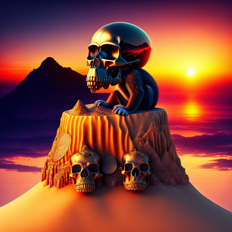 Surreal blue monkey with skull face on pedestal at sunset