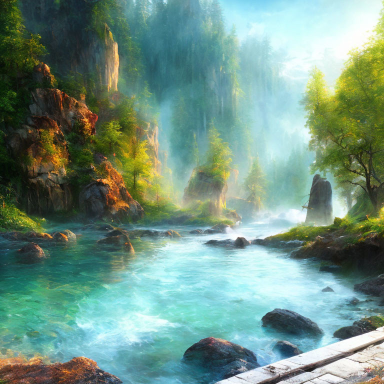 Tranquil river in sunlit forest with mist and rocky outcrops