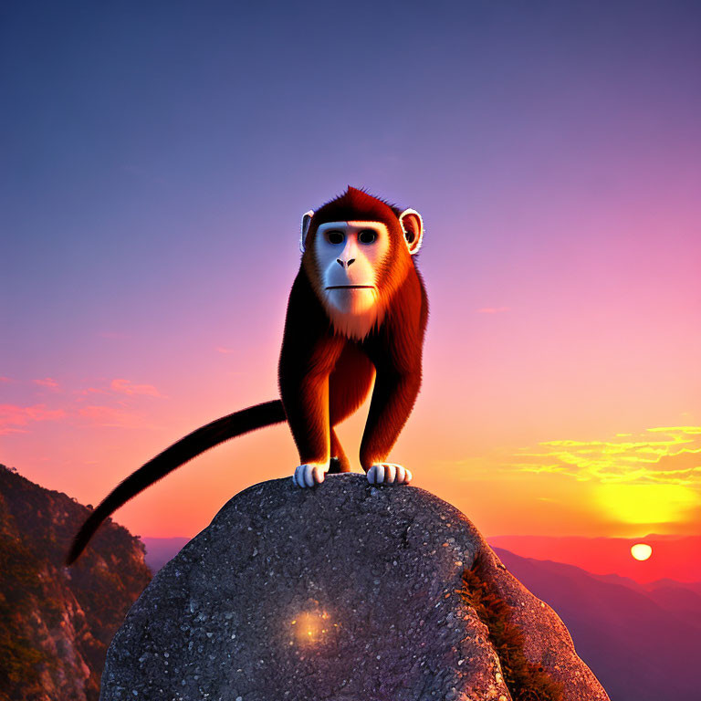 Red-Furred Monkey on Rock at Sunset Sky