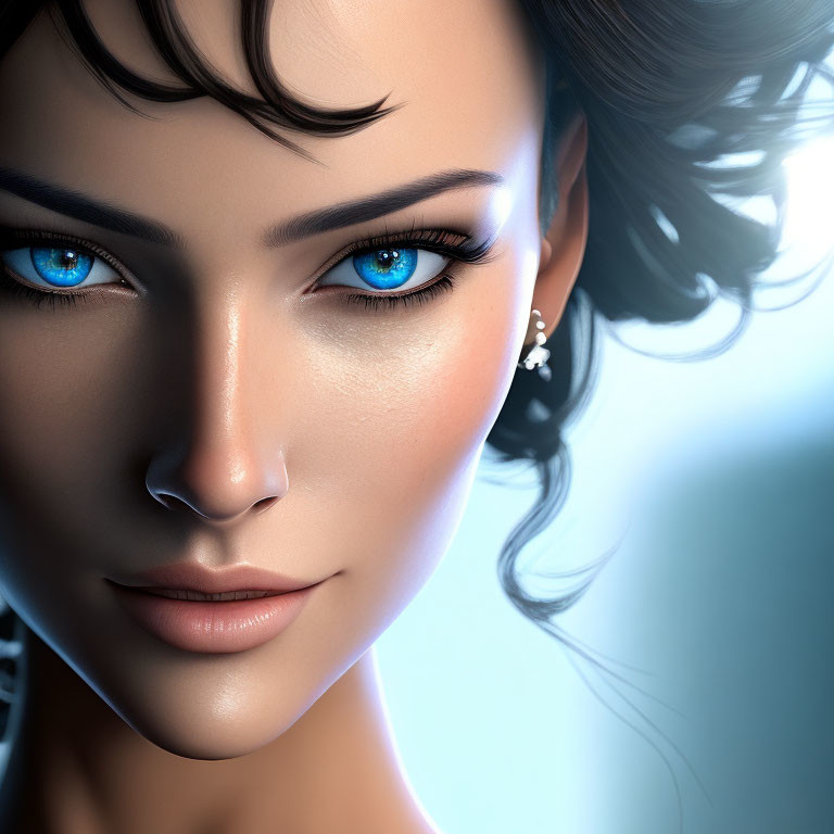 3D-rendered female face with blue eyes and dark hair on light blue background