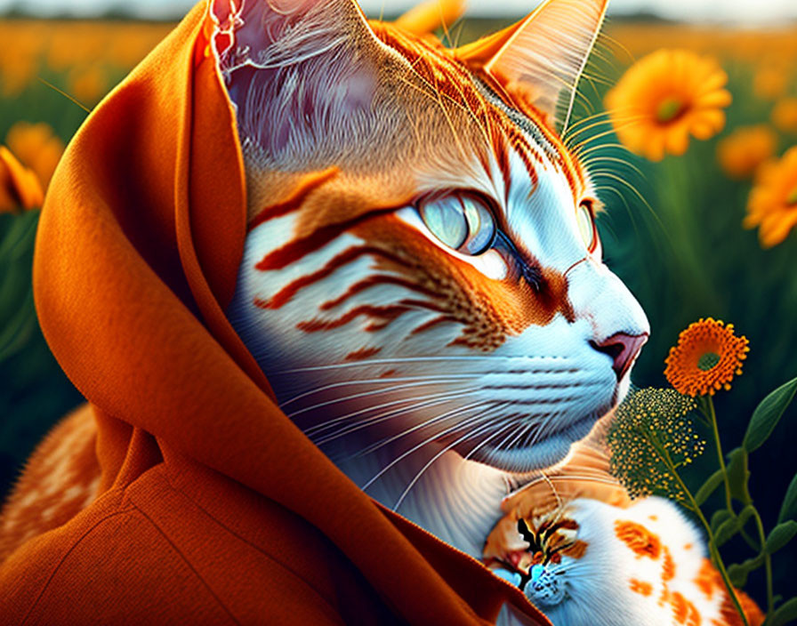 Surreal cat with orange stripes among sunflowers and miniature version on paw