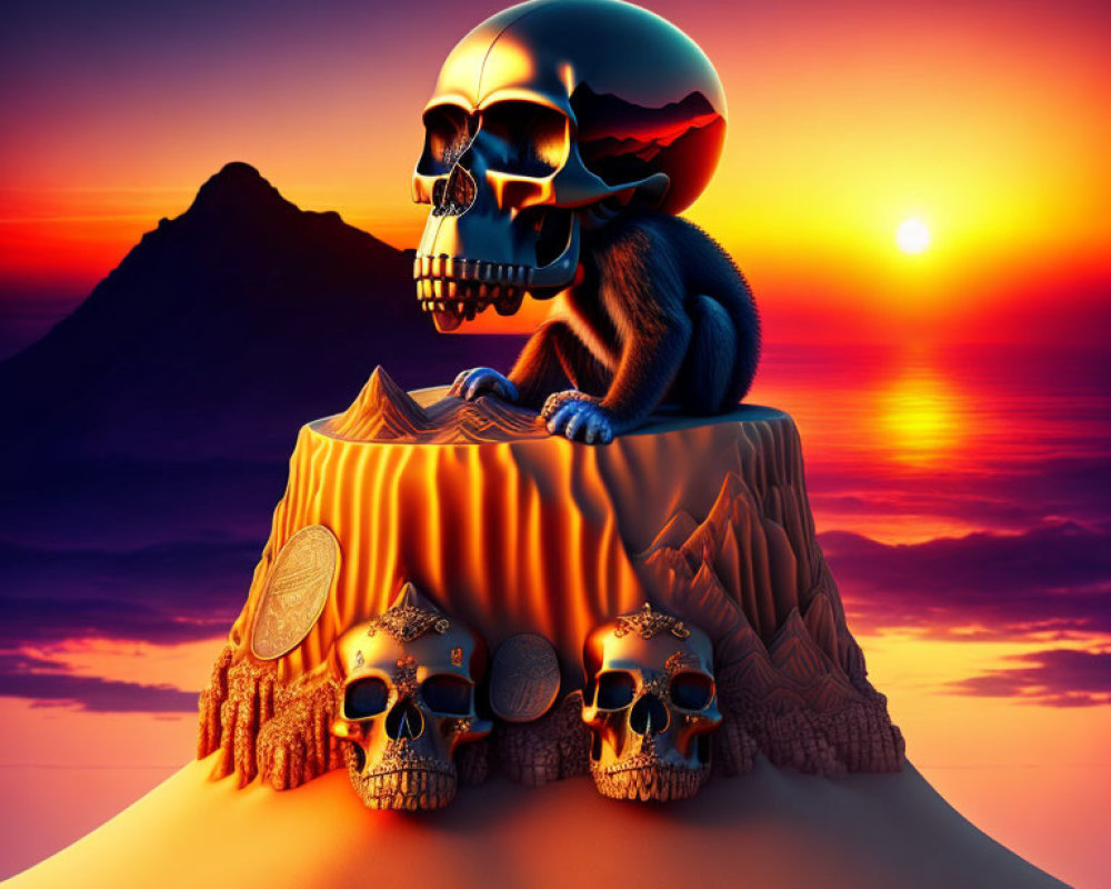 Surreal blue monkey with skull face on pedestal at sunset