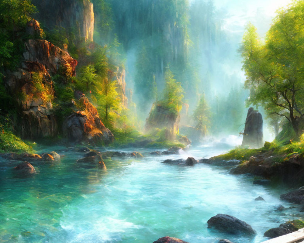 Tranquil river in sunlit forest with mist and rocky outcrops