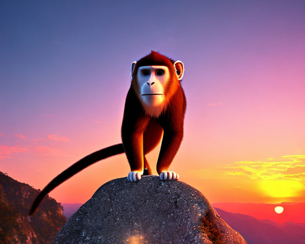 Red-Furred Monkey on Rock at Sunset Sky