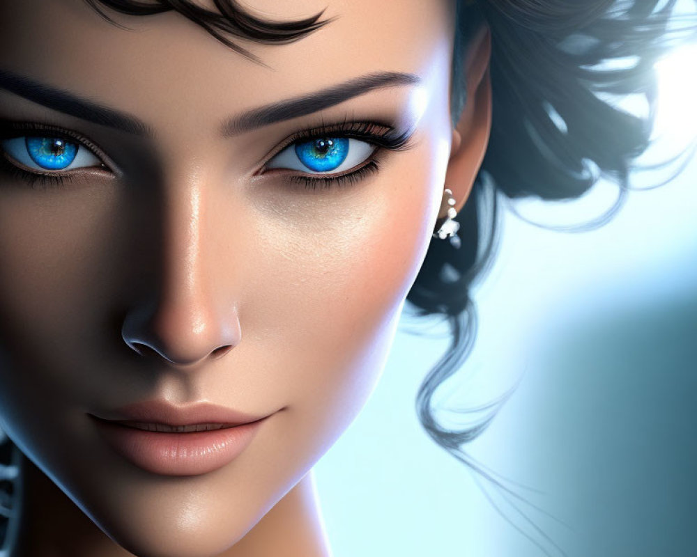 3D-rendered female face with blue eyes and dark hair on light blue background