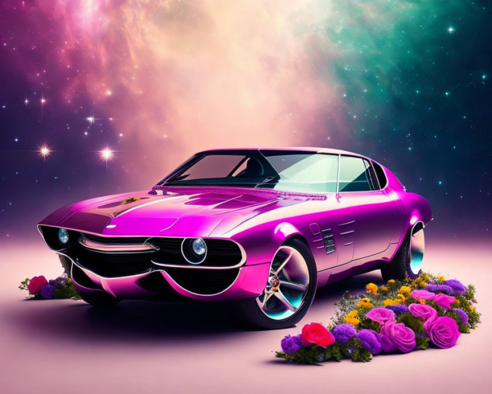 Pink Classic Car with Chrome Details Against Magical Galaxy Background