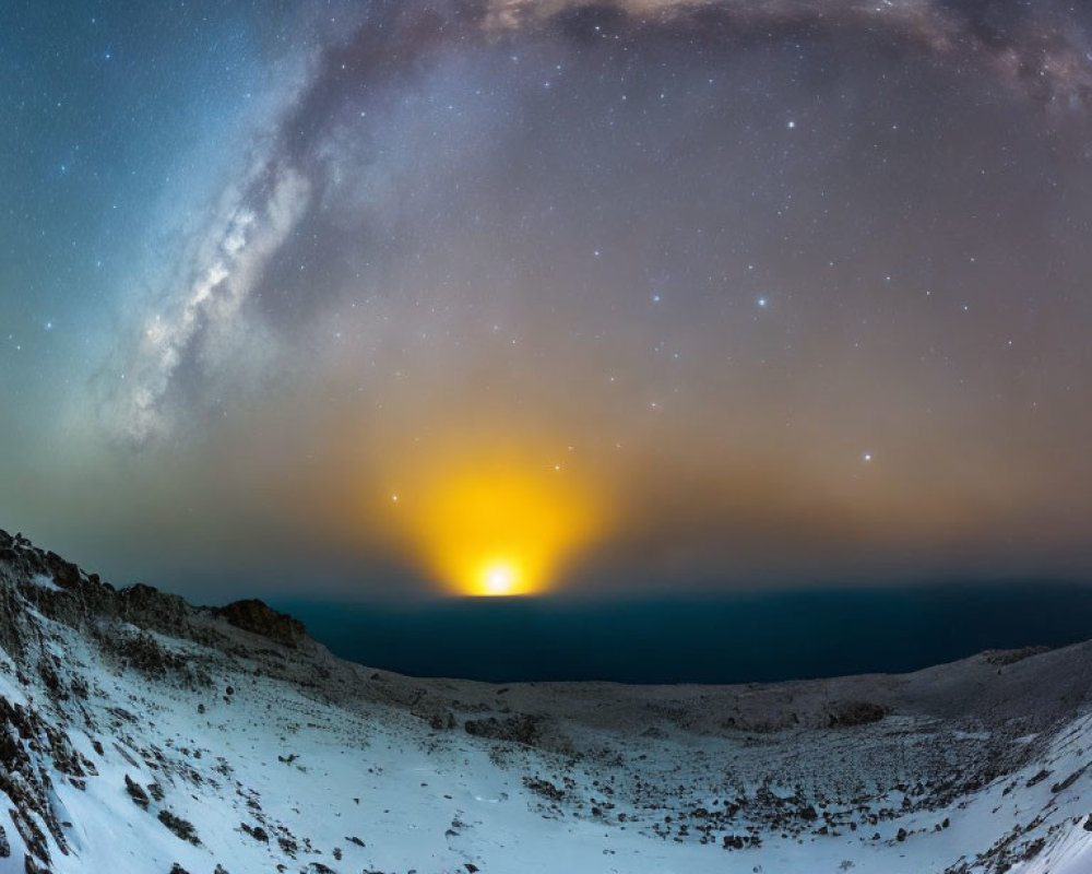 Snowy Landscape with Milky Way and Moonrise in Panoramic Night Sky