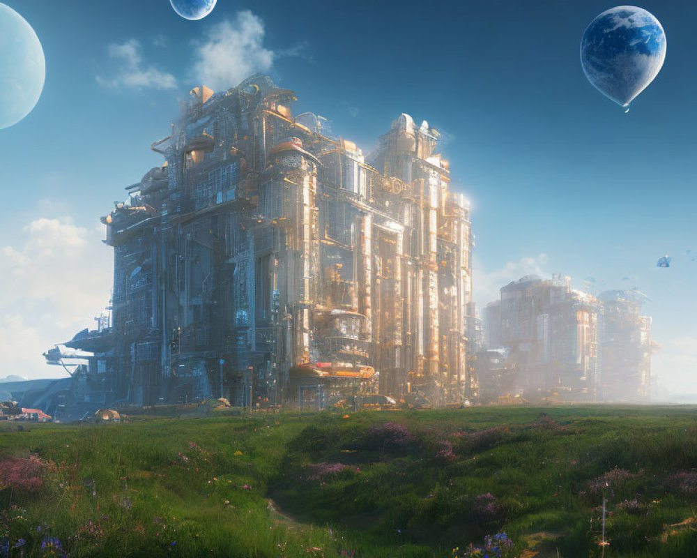 Futuristic cityscape with illuminated skyscrapers in a lush meadow under three moons and floating