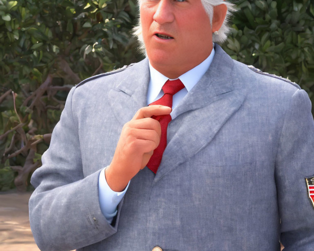 White-Haired Animated Character Adjusting Red Tie in Blue Suit and Striped Hat