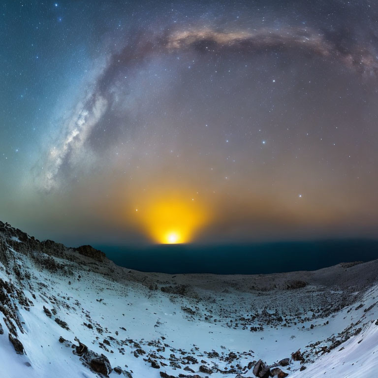 Snowy Landscape with Milky Way and Moonrise in Panoramic Night Sky