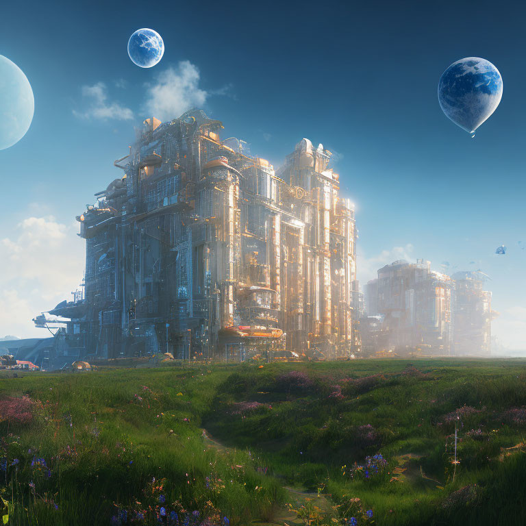 Futuristic cityscape with illuminated skyscrapers in a lush meadow under three moons and floating