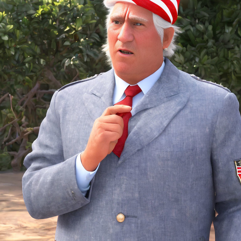 White-Haired Animated Character Adjusting Red Tie in Blue Suit and Striped Hat