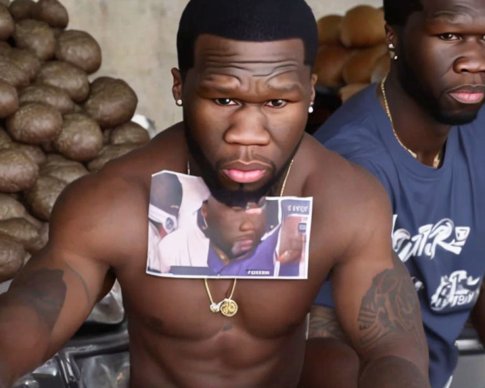 Muscular man with tattoos holds photo, another man in background