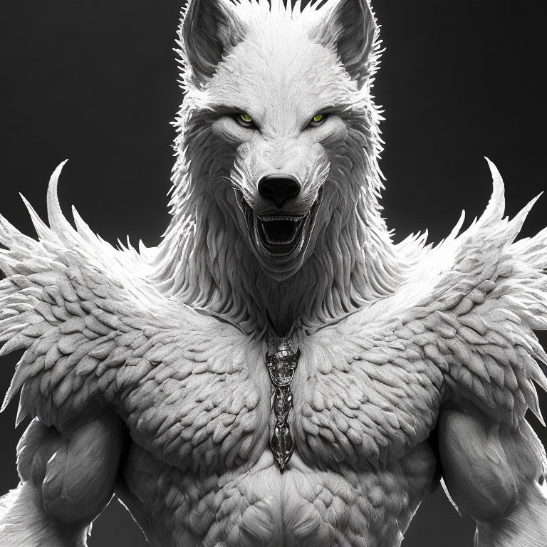 Detailed Winged Wolf with Pendant on Gray Background