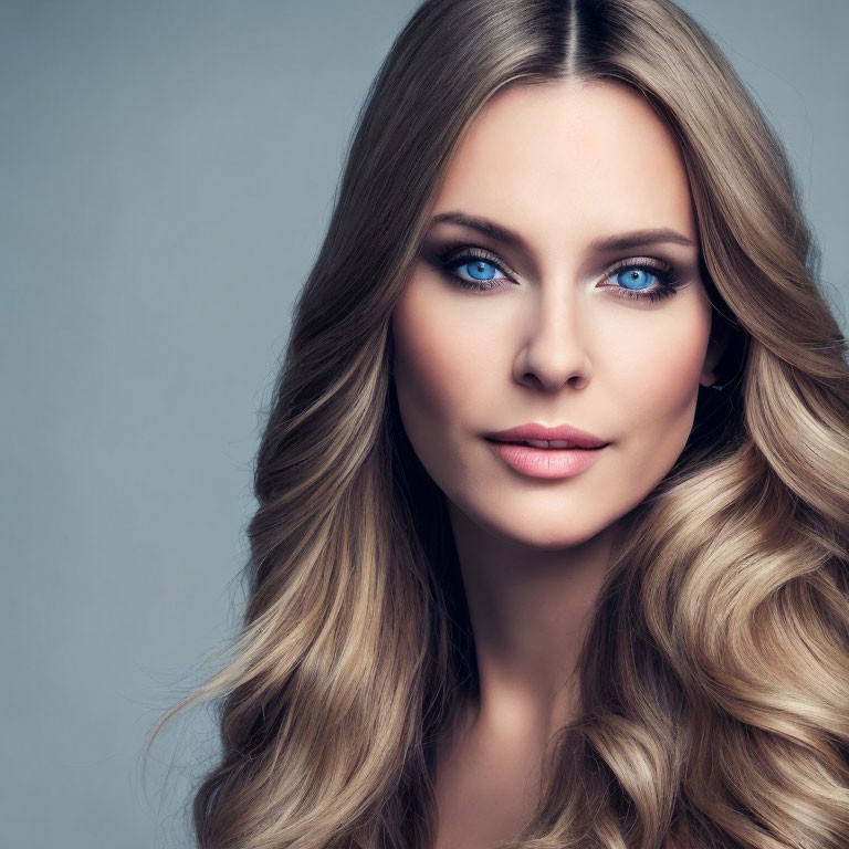 Blonde Woman with Blue Eyes and Elegant Hairstyle on Grey Background