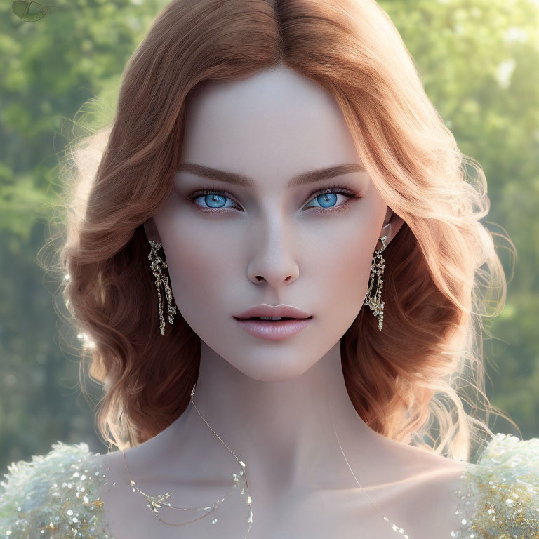 Digital artwork of woman with blue eyes, ginger hair, gold earrings, and sparkly dress in nature