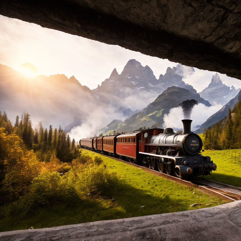 Vintage train emerges from tunnel into misty valley with mountains