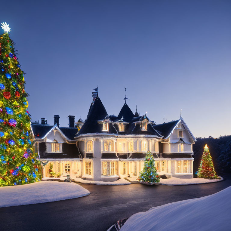 Snowy Dusk Scene: Stately Manor with Brightly Lit Christmas Tree